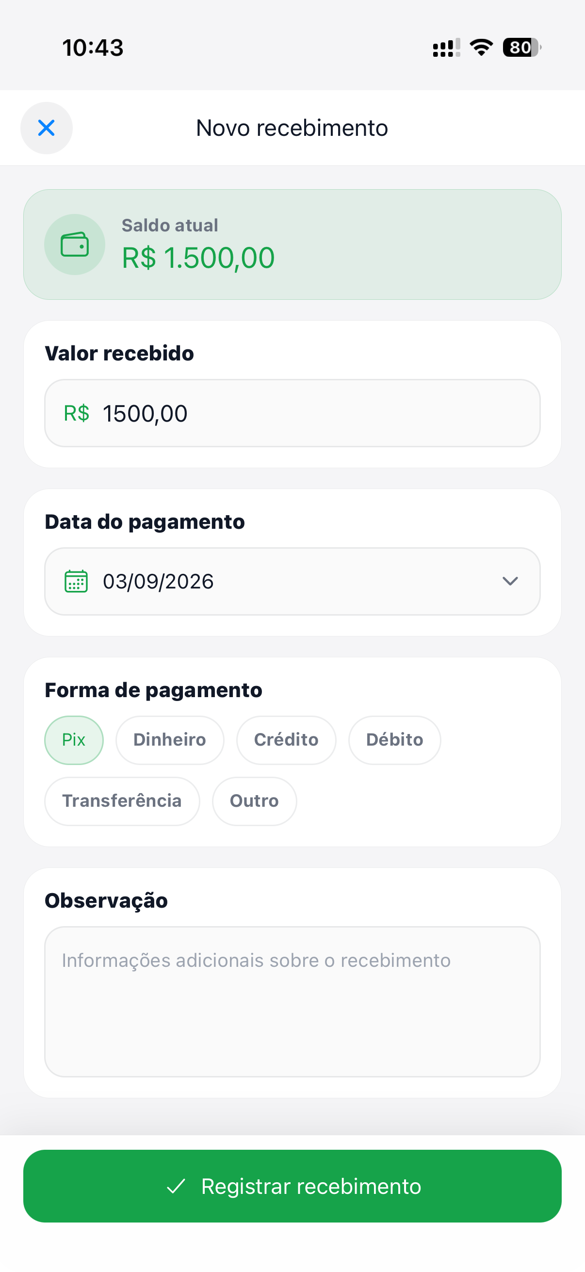 Pagamento registrado no lançamento financeiro