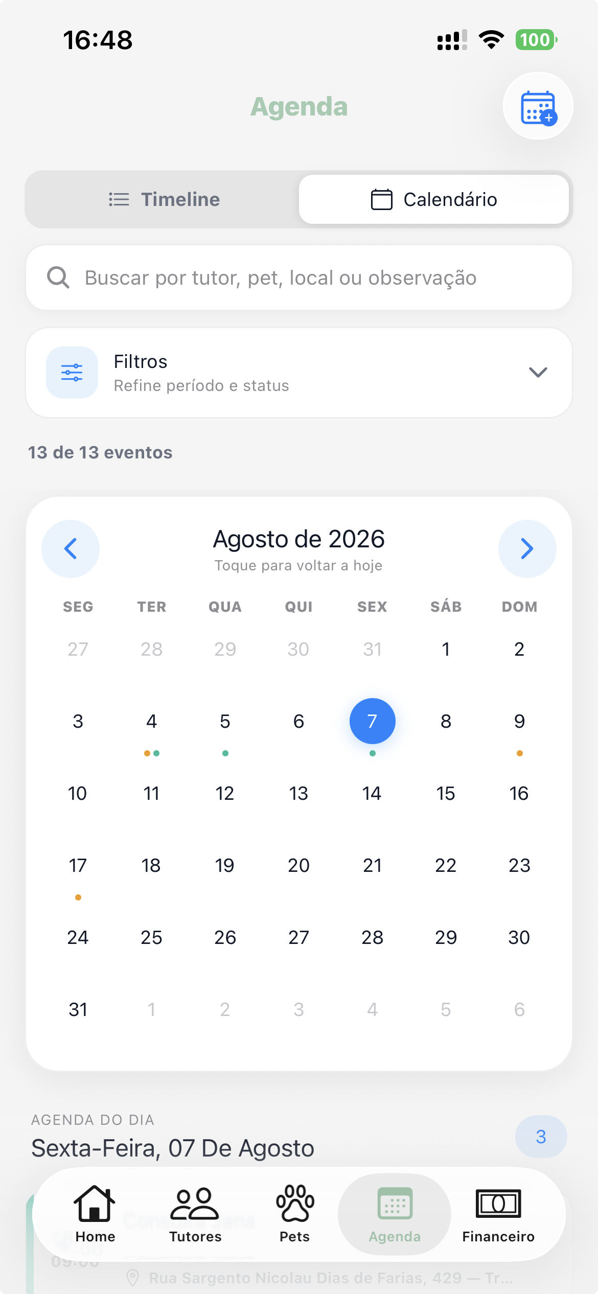 Agenda de atendimentos veterinários no aplicativo FisioVet